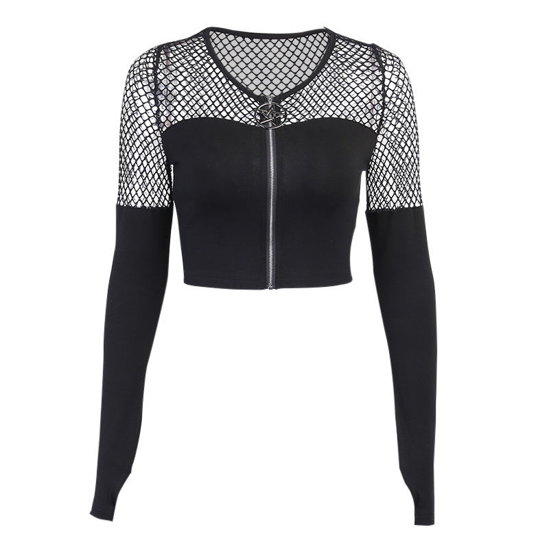 Dark Gothic Zip Bottom Shirt Fishnet Patchwork Long Sleeve T-Shirt