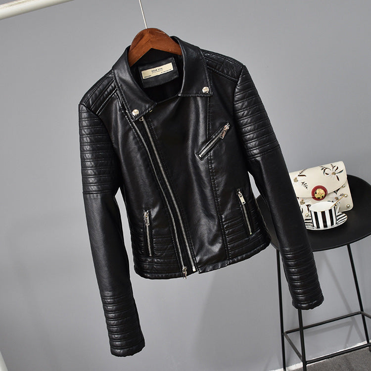 Rivet Suit Collar Women Washed PU Leather Jacket