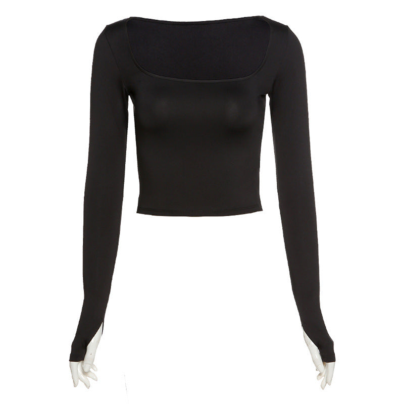 Navel U-neck bottoming shirt long sleeve T-shirt