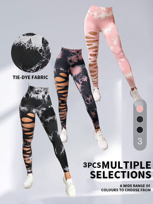 Confezione da 3 leggings da yoga con vita alta e taglio tie-dye da donna, pantaloni elastici per sollevare i glutei, pantaloni da yoga a vita alta da donna con taglio e controllo della pancia strappato, leggings attillati da yoga per allenamento e corsa