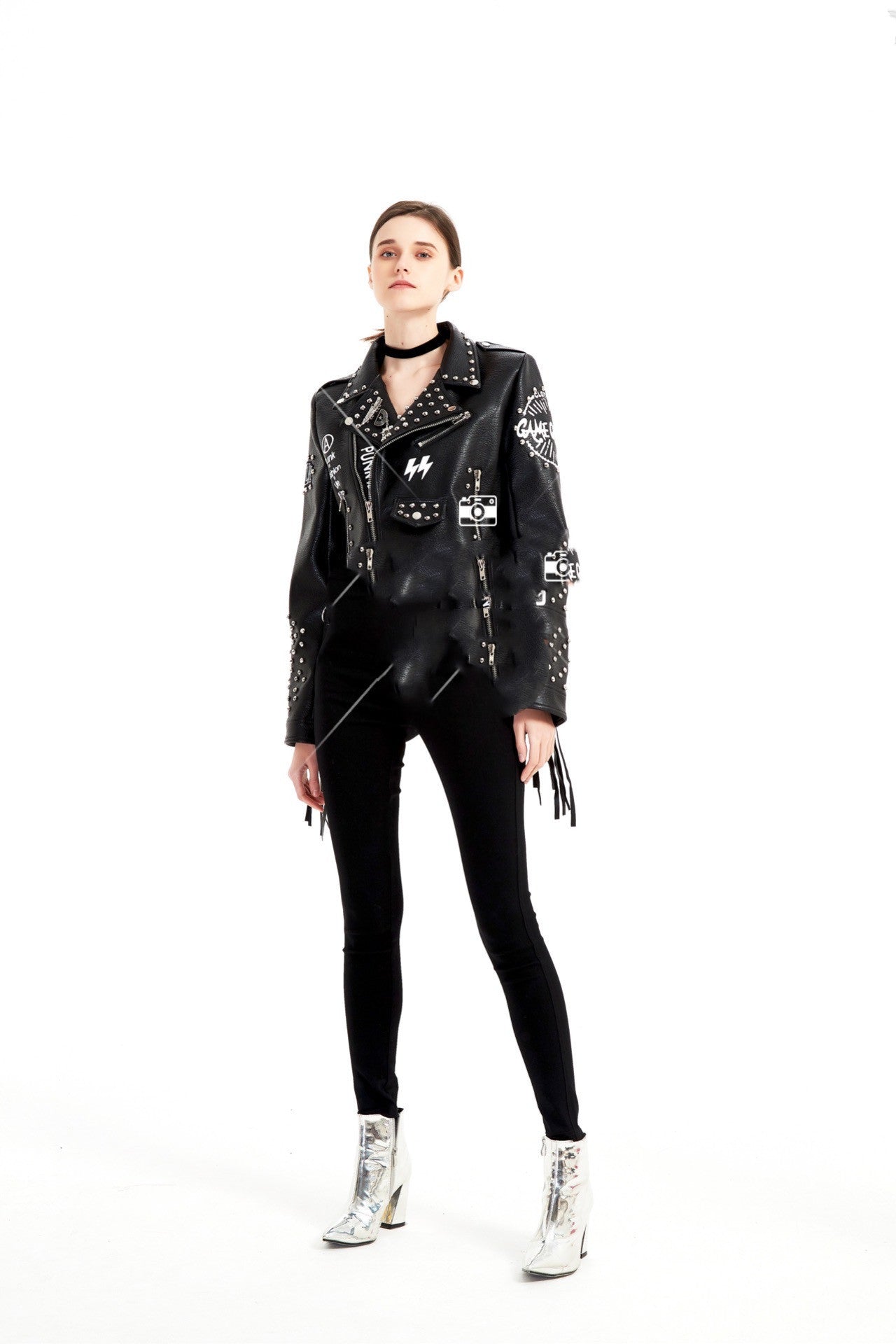 Graffiti Printed Rivet Slim Short Leather Jacket Women