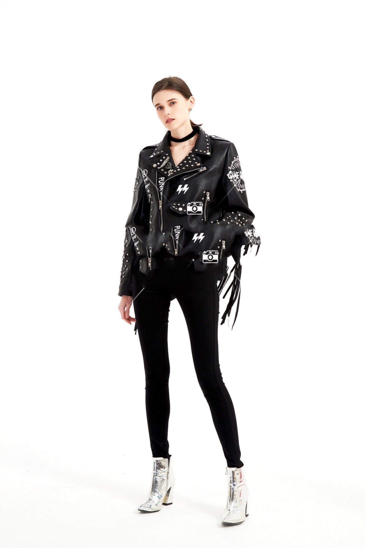 Graffiti Printed Rivet Slim Short Leather Jacket Women