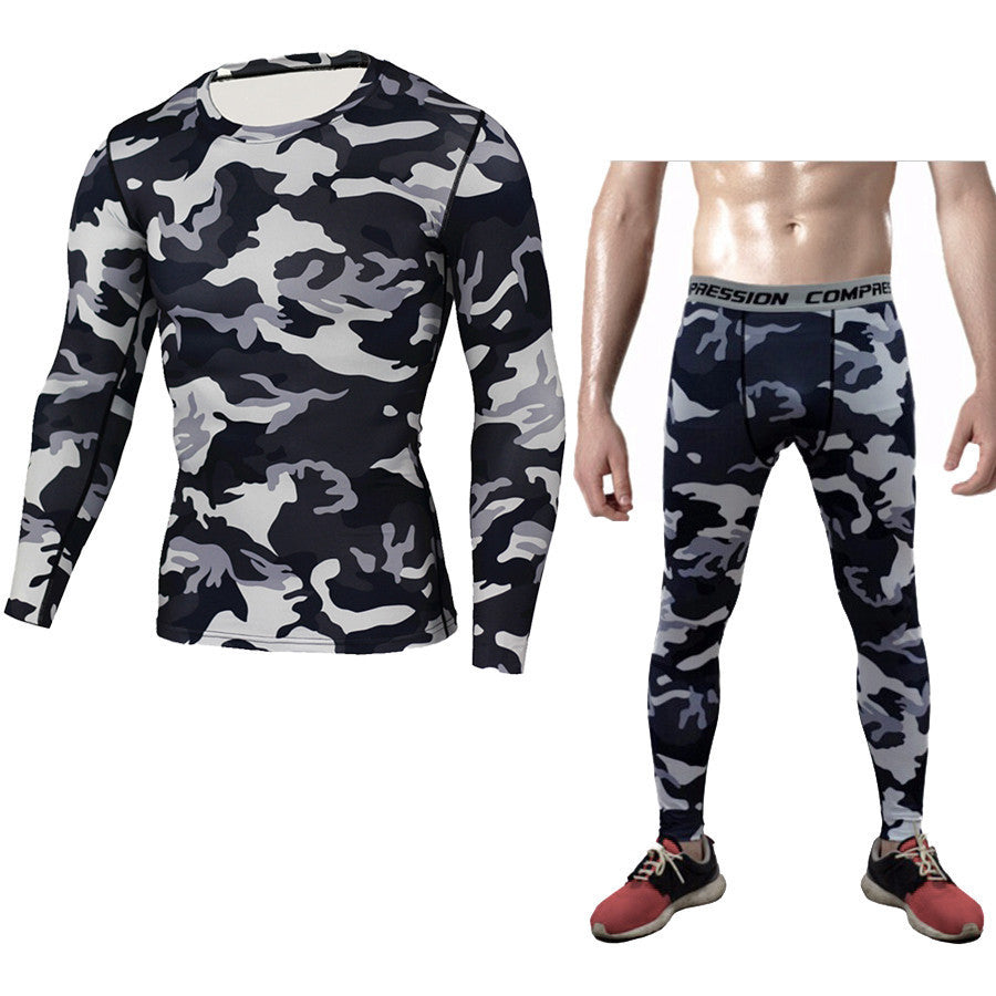 Set di base a compressione mimetica Set di compressione sportiva Maglietta a maniche lunghe Collant Abbigliamento da esercizio Tuta da allenamento Tute da fitness per uomo