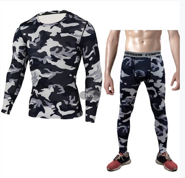 Set di base a compressione mimetica Set di compressione sportiva Maglietta a maniche lunghe Collant Abbigliamento da esercizio Tuta da allenamento Tute da fitness per uomo