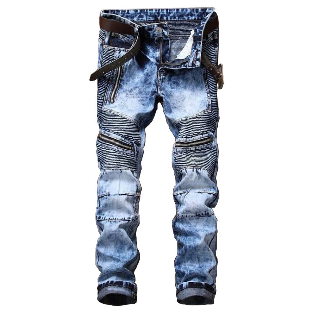 Men's Jeans Fashion Snowflake Fold Slim Fit Motorcycle Small Straight Trousers