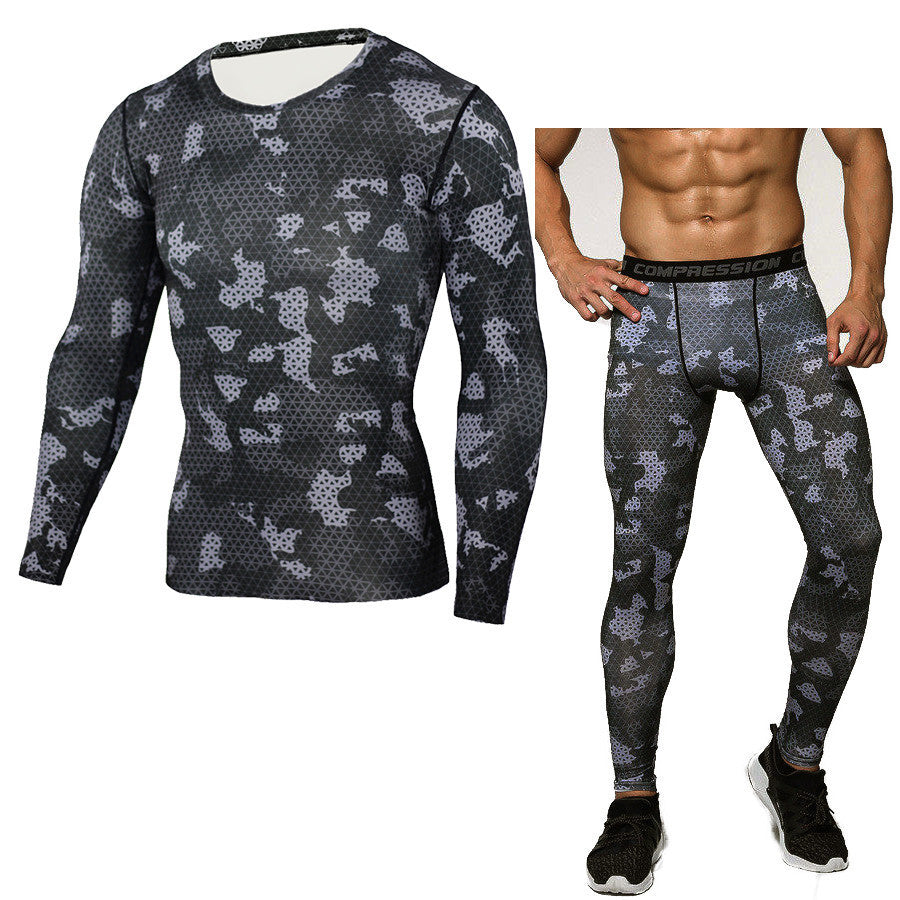 Set di base a compressione mimetica Set di compressione sportiva Maglietta a maniche lunghe Collant Abbigliamento da esercizio Tuta da allenamento Tute da fitness per uomo