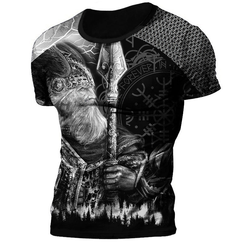 T-shirt da uomo con stampa 3D in stile vichingo, scollo tondo, manica corta