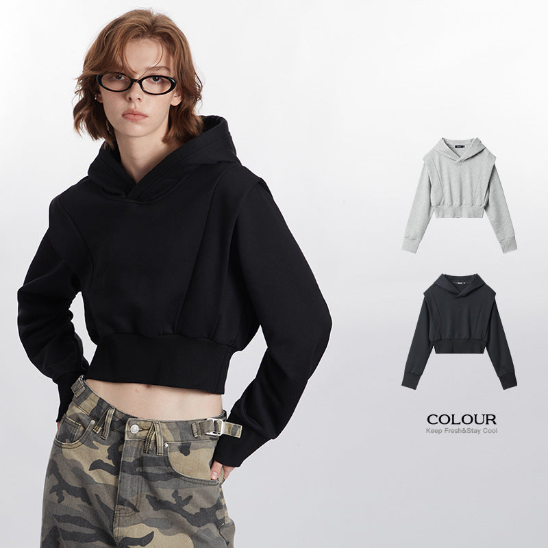 Hoodie Short Sweater Women Hooded Navel Solid Color Pullover Coat Top