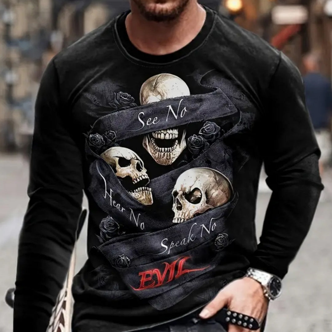 T-shirt retrò da uomo con stampa 3D, stile hip-hop, girocollo, casual, a maniche lunghe