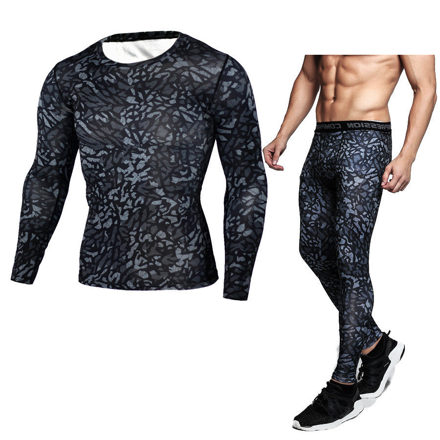 Set di base a compressione mimetica Set di compressione sportiva Maglietta a maniche lunghe Collant Abbigliamento da esercizio Tuta da allenamento Tute da fitness per uomo