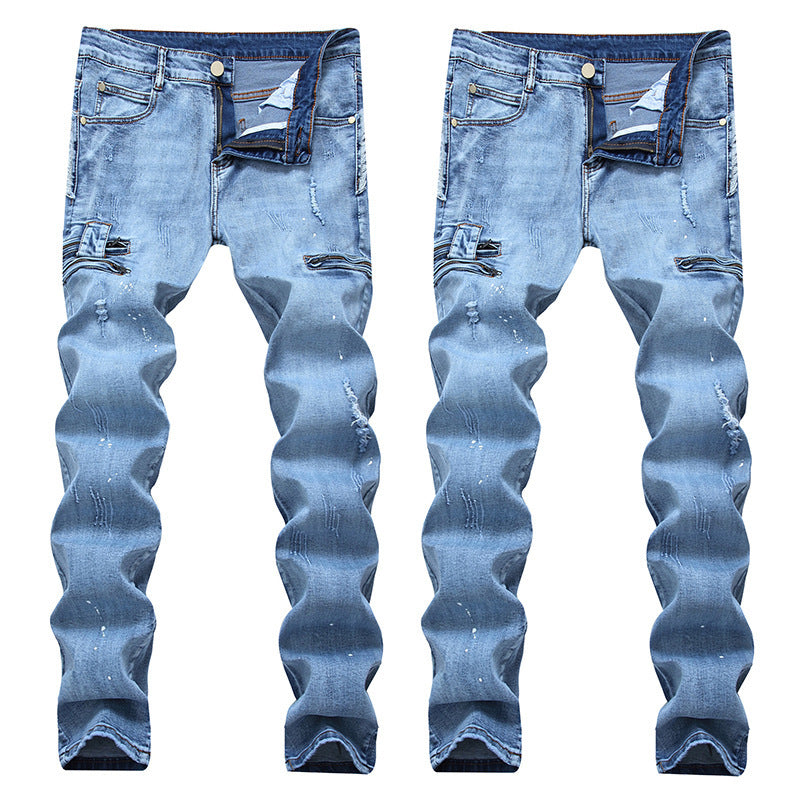 High-street Fashion Men's Zippered Torn Jeans