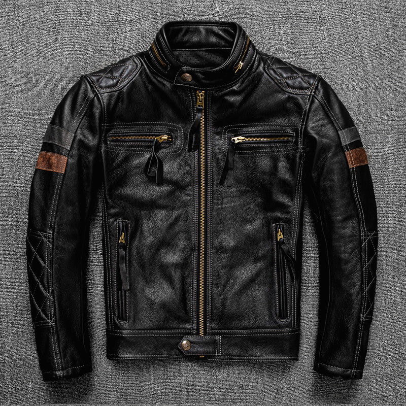 First Layer Cowhide Leather Coat Men's Stand Collar Motorcycle Cycling Clothing