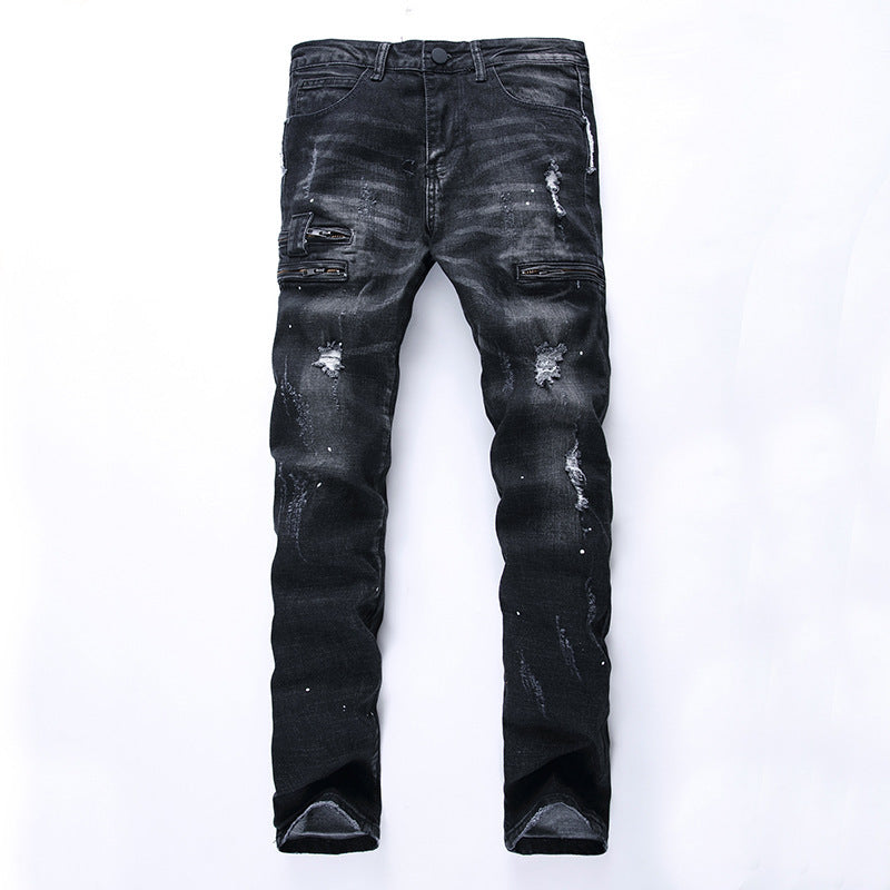 High-street Fashion Men's Zippered Torn Jeans