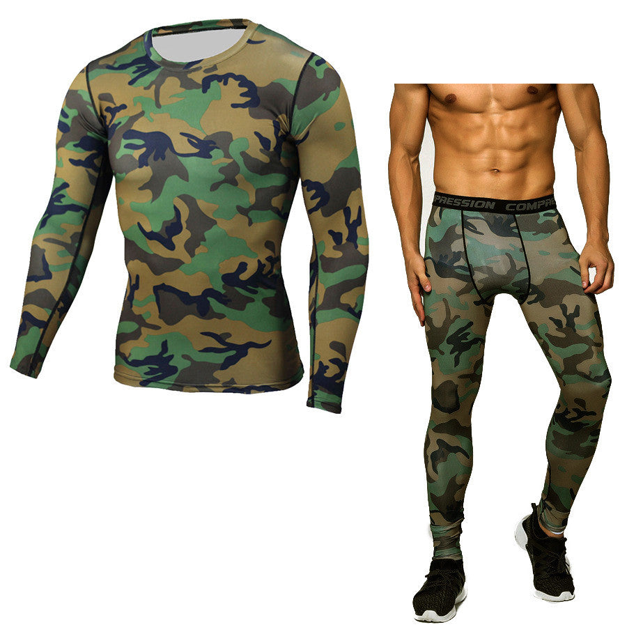 Set di base a compressione mimetica Set di compressione sportiva Maglietta a maniche lunghe Collant Abbigliamento da esercizio Tuta da allenamento Tute da fitness per uomo