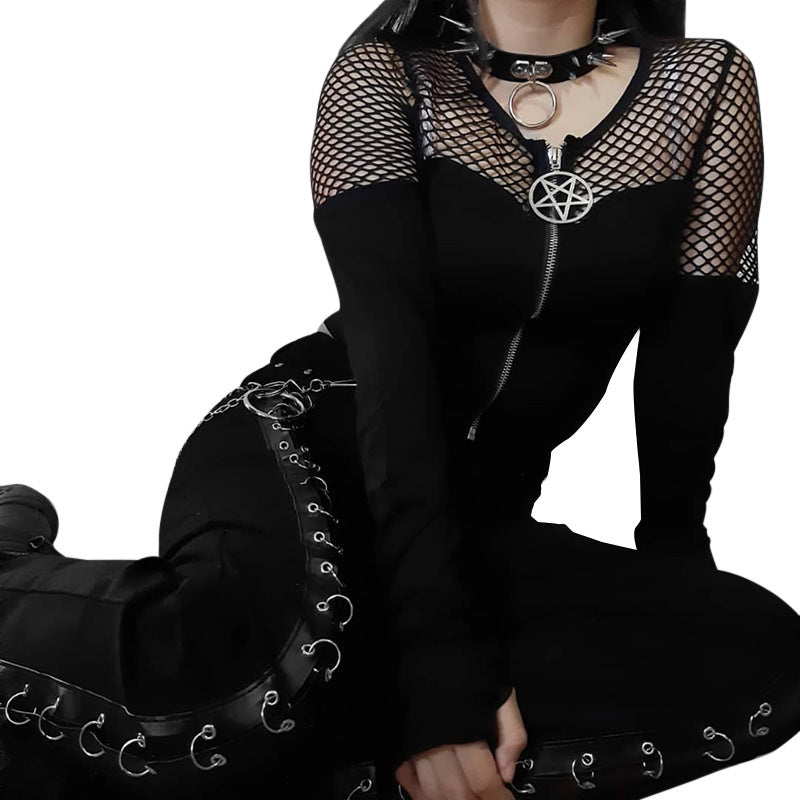 Dark Gothic Zip Bottom Shirt Fishnet Patchwork Long Sleeve T-Shirt