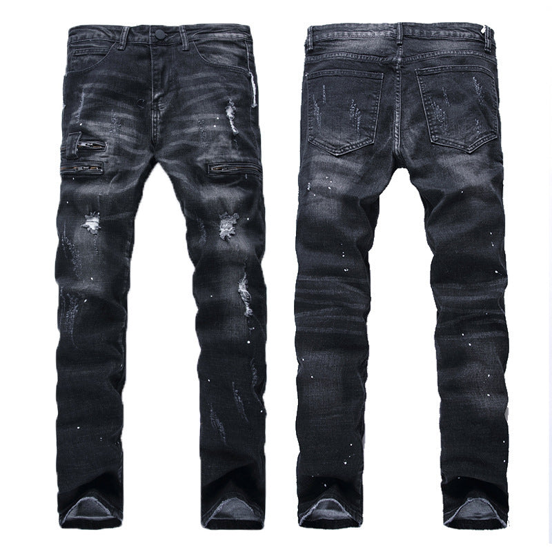 High-street Fashion Men's Zippered Torn Jeans