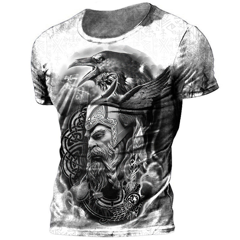 T-shirt da uomo con stampa 3D in stile vichingo, scollo tondo, manica corta