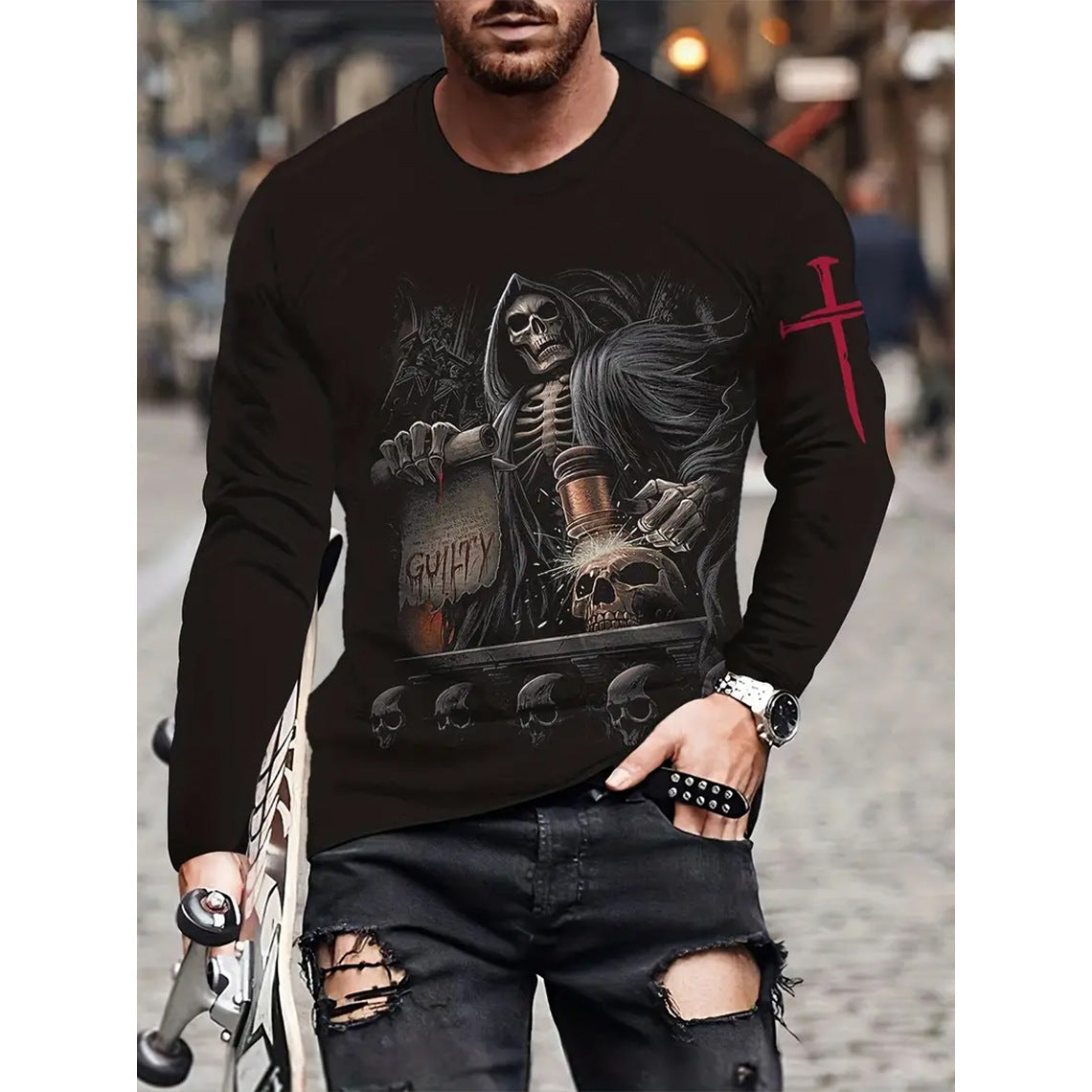 T-shirt retrò da uomo con stampa 3D, stile hip-hop, girocollo, casual, a maniche lunghe