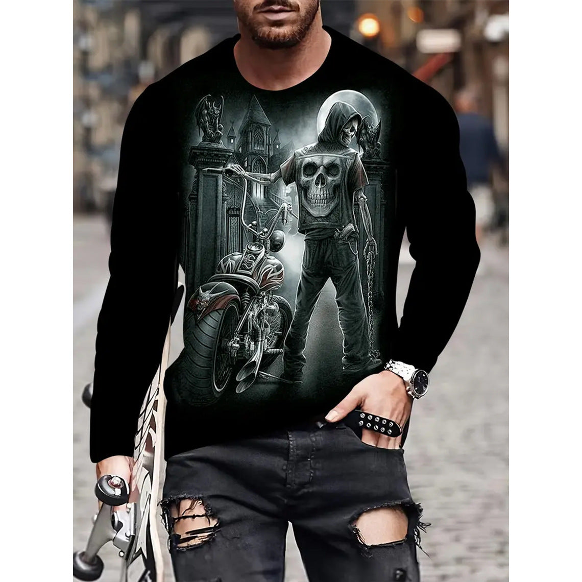 T-shirt retrò da uomo con stampa 3D, stile hip-hop, girocollo, casual, a maniche lunghe