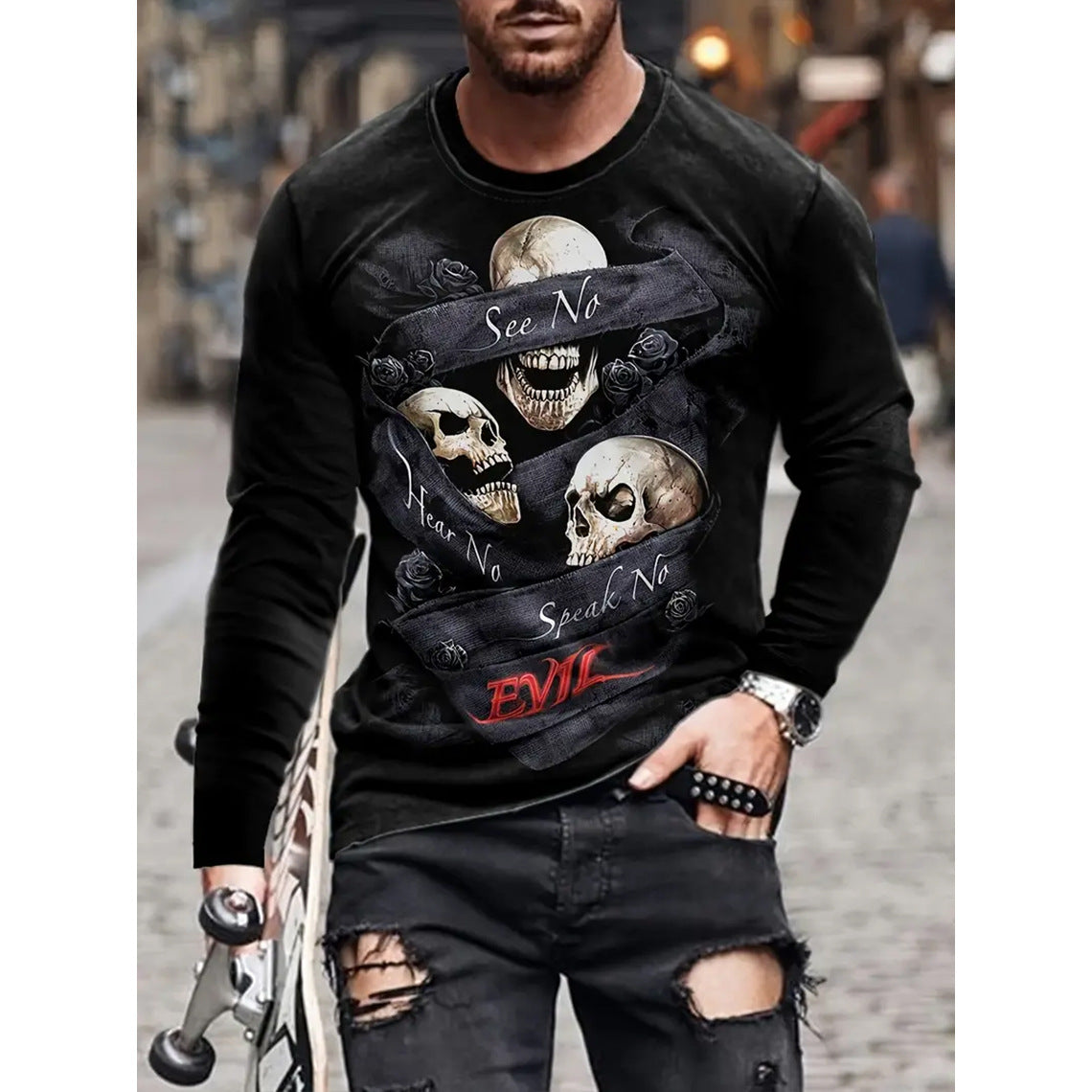 T-shirt retrò da uomo con stampa 3D, stile hip-hop, girocollo, casual, a maniche lunghe