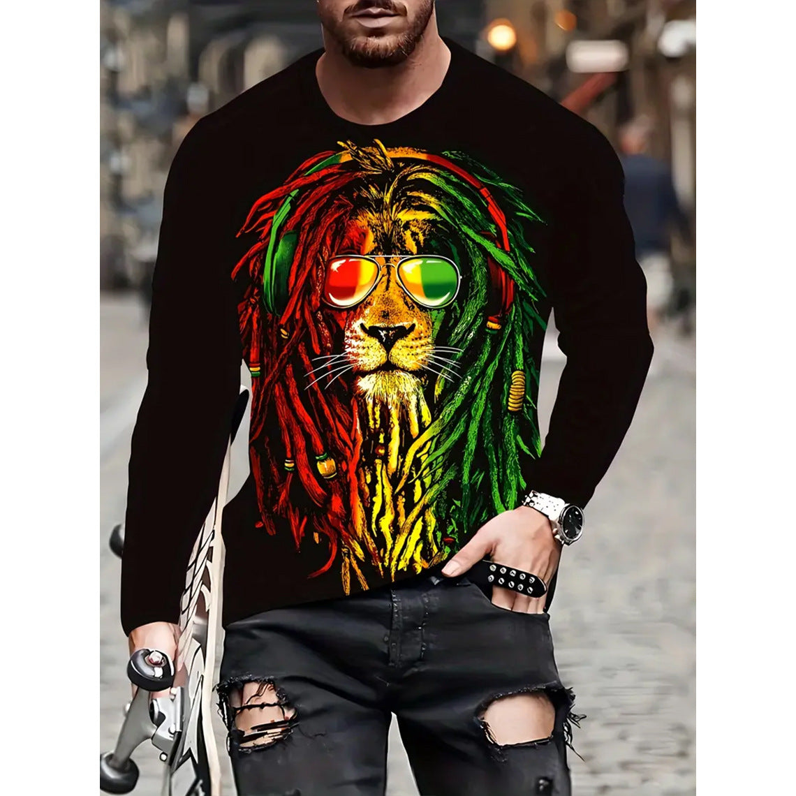 T-shirt retrò da uomo con stampa 3D, stile hip-hop, girocollo, casual, a maniche lunghe