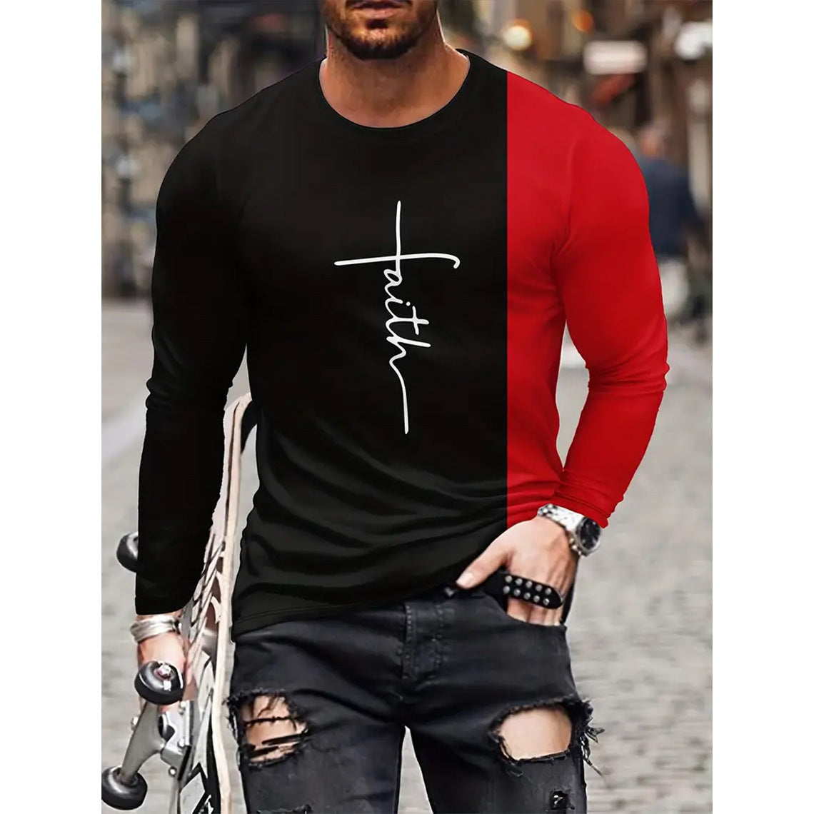 T-shirt retrò da uomo con stampa 3D, stile hip-hop, girocollo, casual, a maniche lunghe