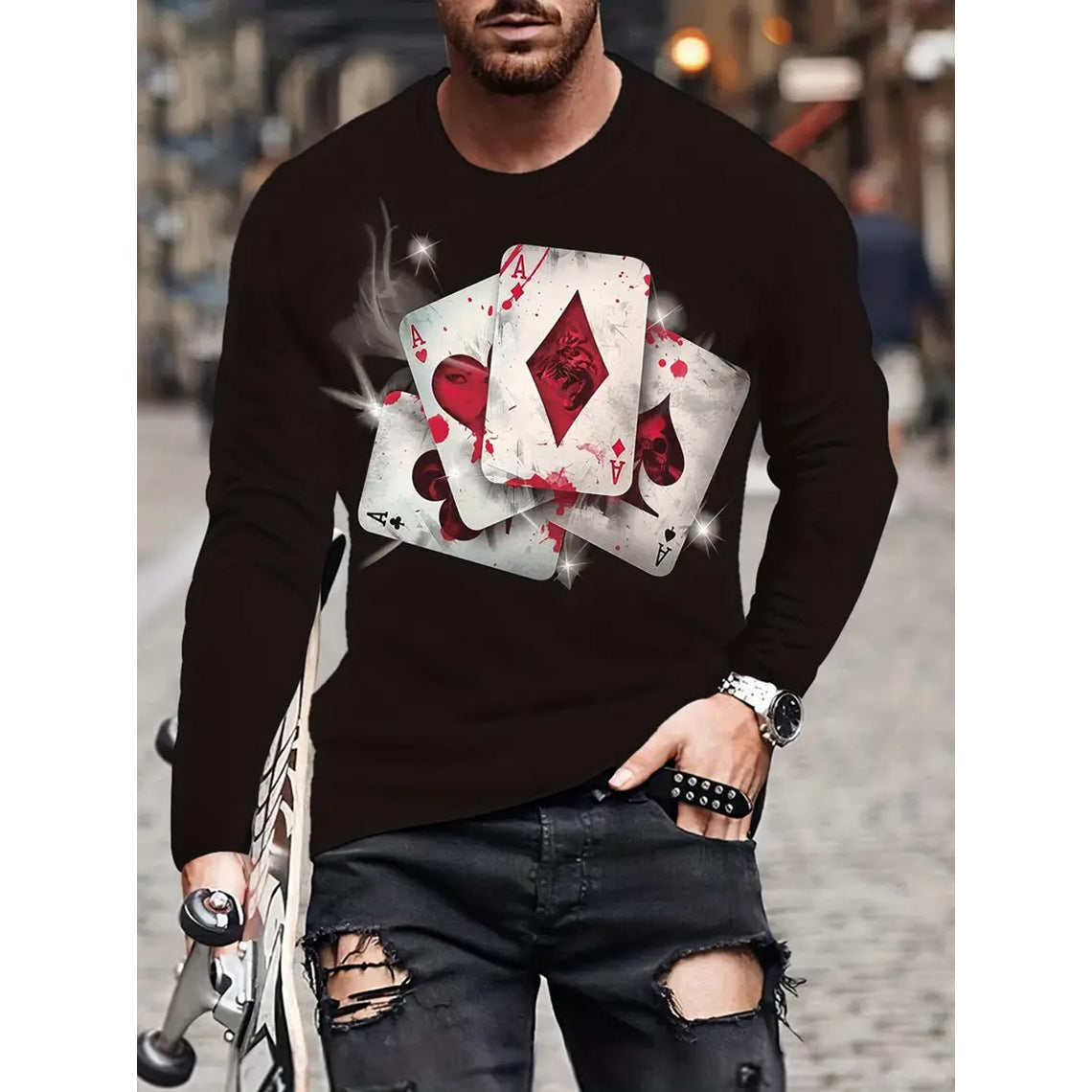 T-shirt retrò da uomo con stampa 3D, stile hip-hop, girocollo, casual, a maniche lunghe