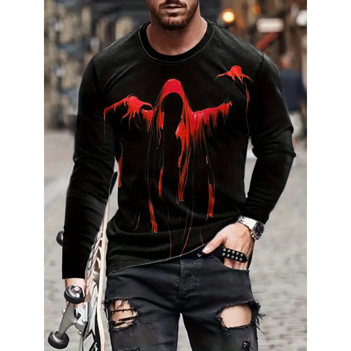 Retro Men's T-shirt 3D Printed Street Hip-hop Loose Crew Neck Casual Long Sleeve