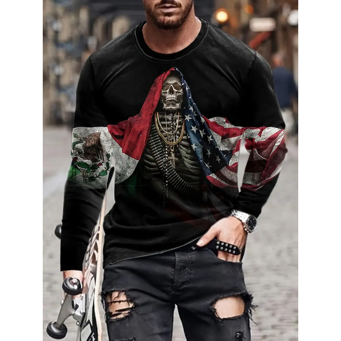 T-shirt retrò da uomo con stampa 3D, stile hip-hop, girocollo, casual, a maniche lunghe