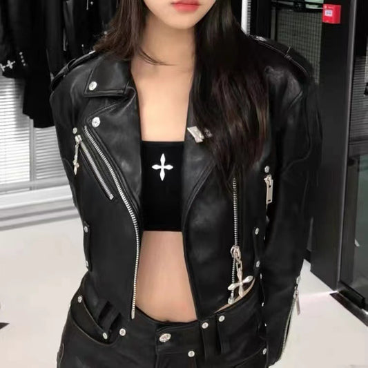 Midnight Biker Studded Cross Faux Cropped Leather Jacket