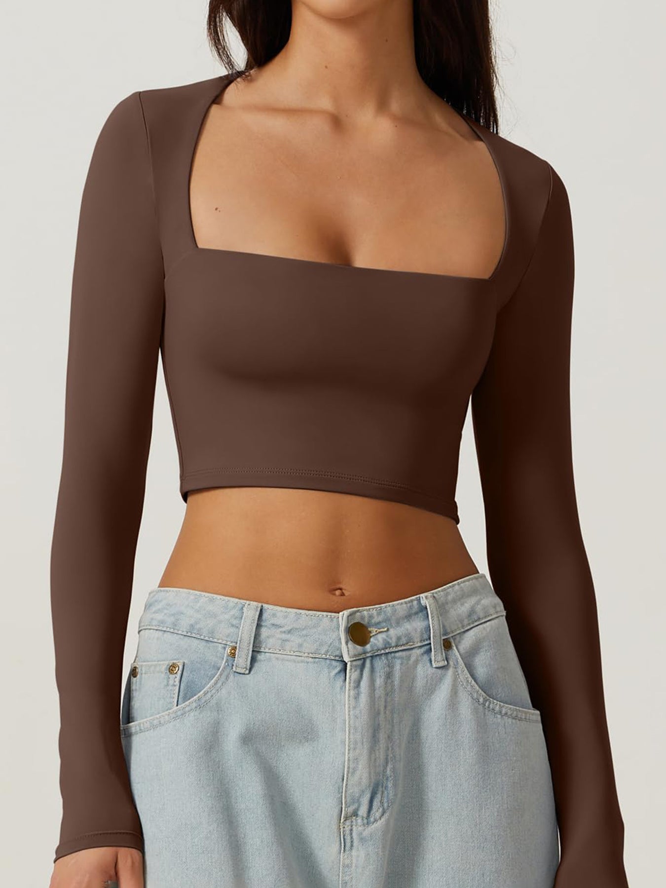 Navel U-neck bottoming shirt long sleeve T-shirt