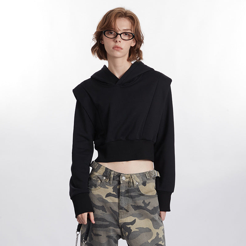 Hoodie Short Sweater Women Hooded Navel Solid Color Pullover Coat Top