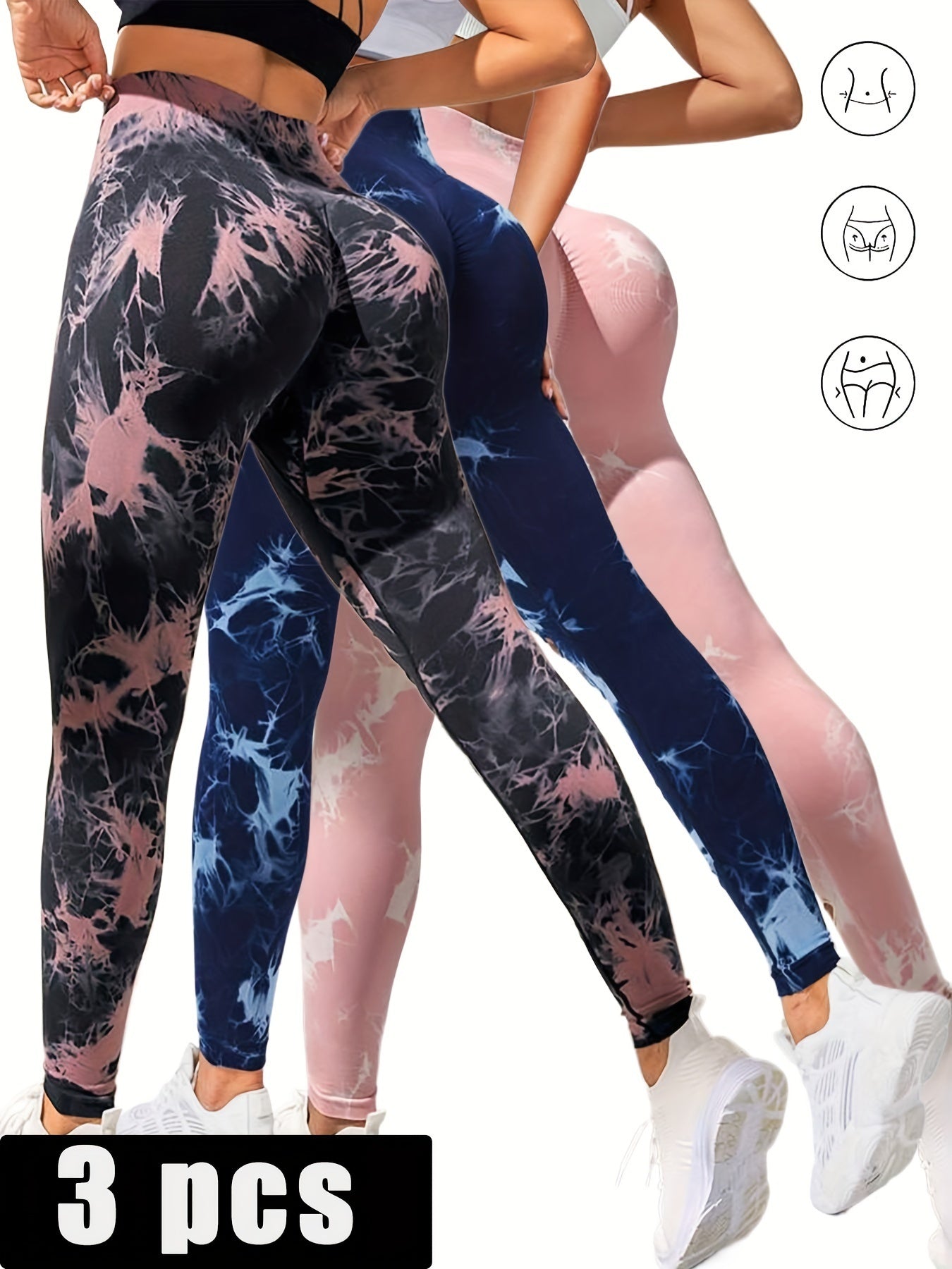 3 Pack Women's Tie Dye Cutout Tights High Waist Workout Yoga Leggings, Scrunch Butt Lifting Elastic Pants, Womens High Waist Yoga Pants Cutout Ripped Tummy Control Workout Running Yoga Skinny Leggings