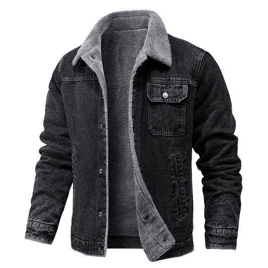 Retro Lapels Loose Cotton Jacket Fleece-lined Thickening Denim Jacket