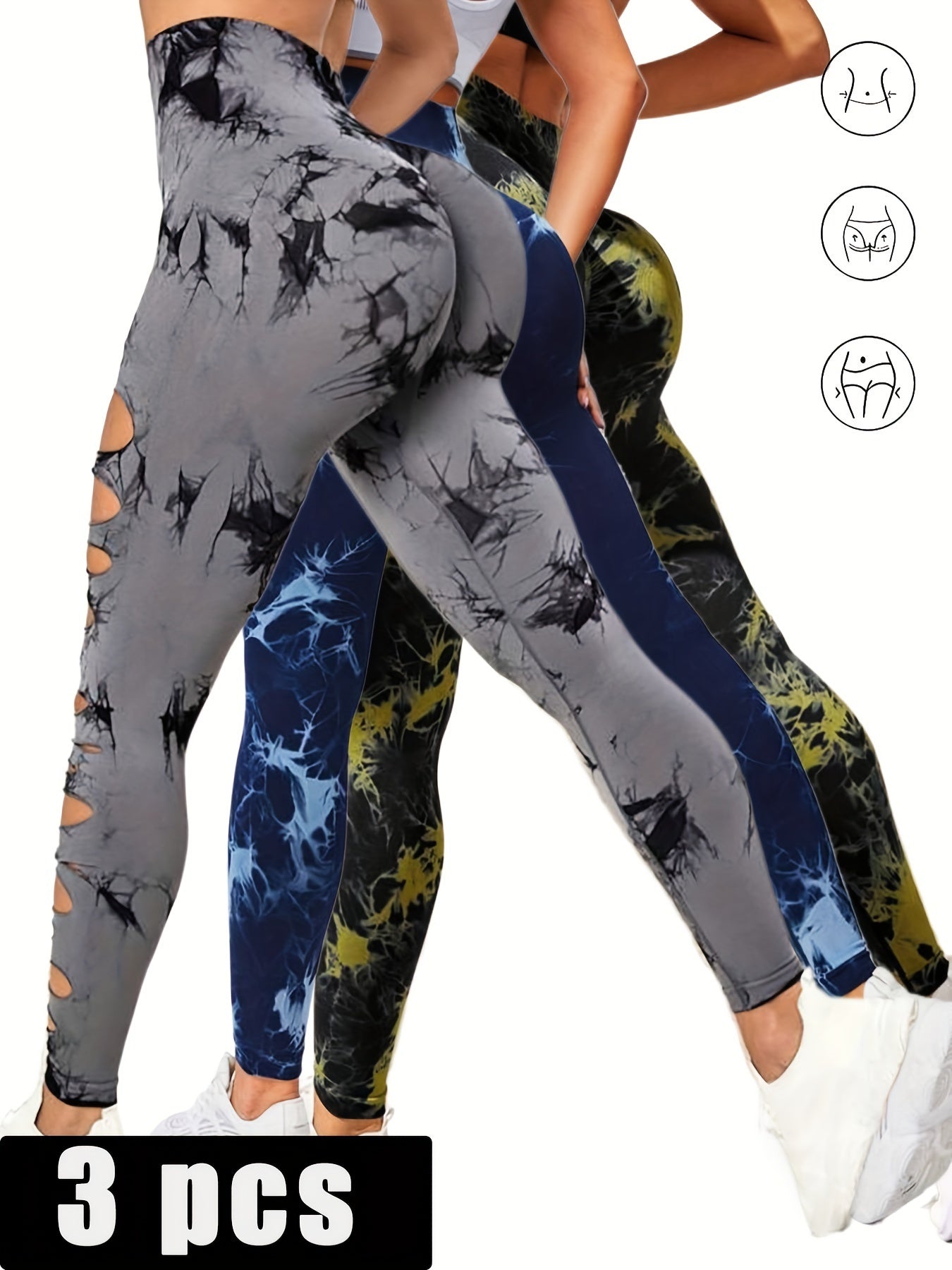 3 Pack Women's Tie Dye Cutout Tights High Waist Workout Yoga Leggings, Scrunch Butt Lifting Elastic Pants, Womens High Waist Yoga Pants Cutout Ripped Tummy Control Workout Running Yoga Skinny Leggings