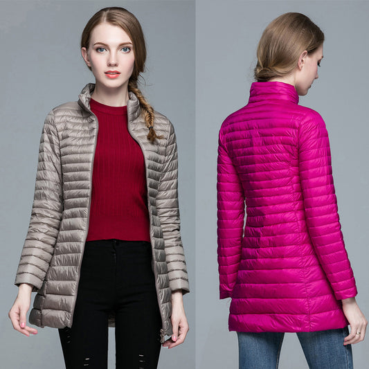 Autunno e inverno nuovo piumino da donna leggero collo alto lunghezza media vestibilità aderente snellente taglie forti cappotto