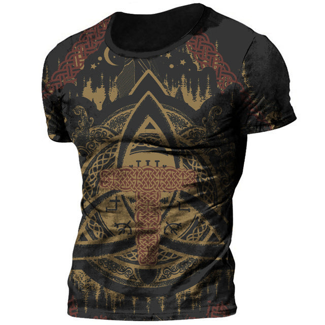 T-shirt da uomo con stampa 3D in stile vichingo, scollo tondo, manica corta