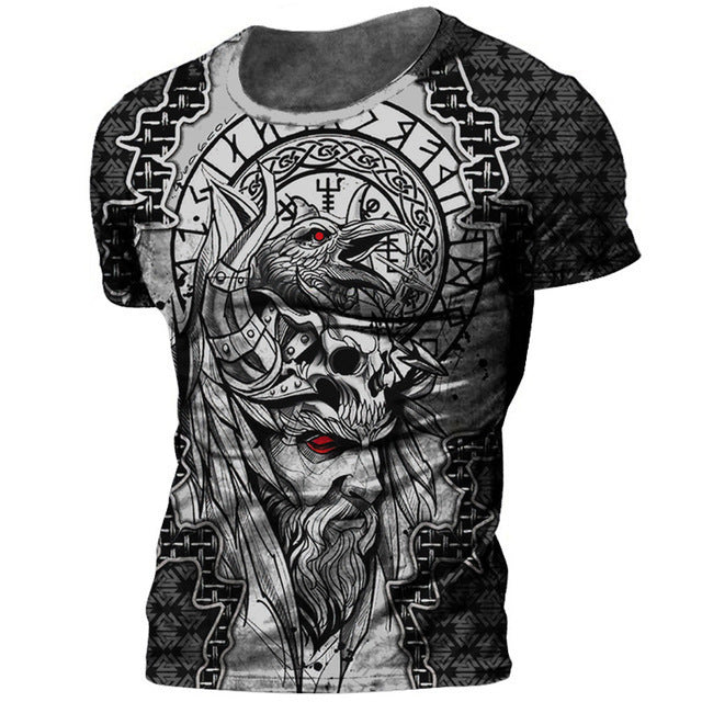 T-shirt da uomo con stampa 3D in stile vichingo, scollo tondo, manica corta